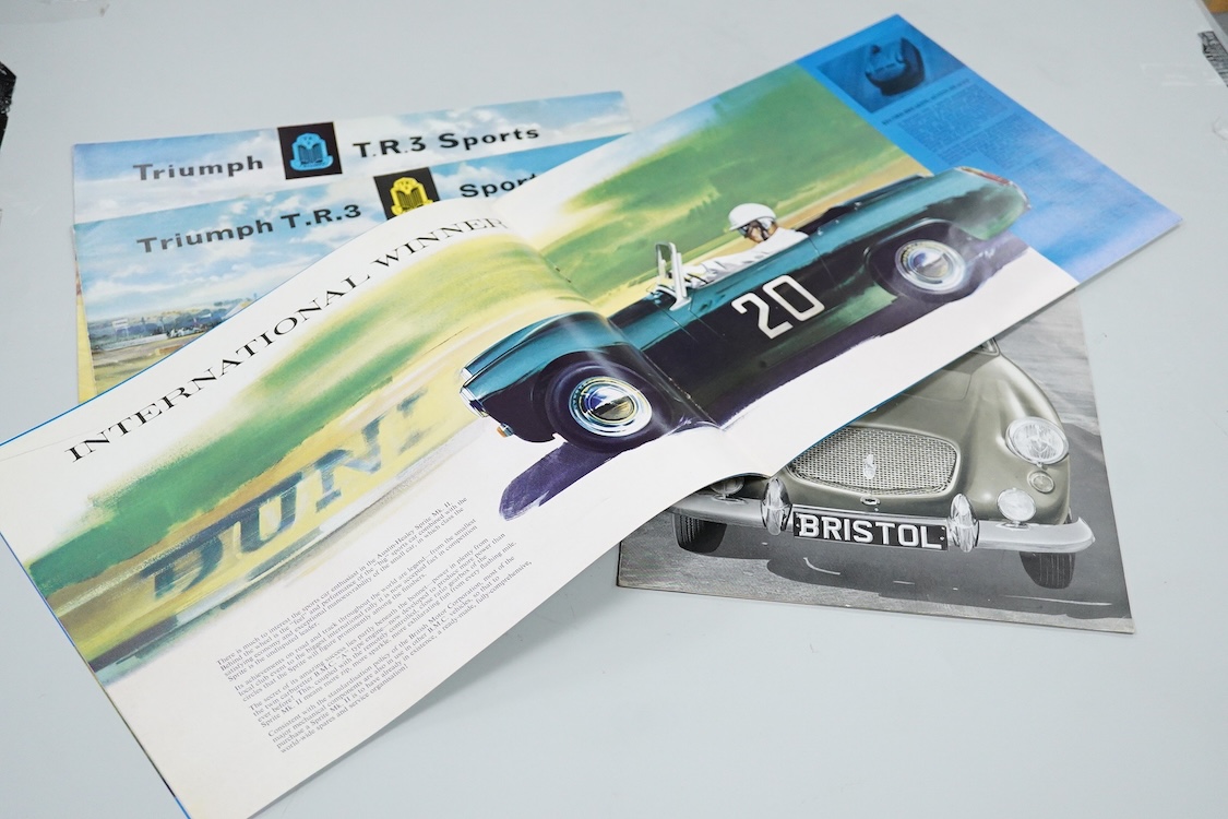 Four 1950s and 1960s motor car manufacturer’s brochures; the Bristol, the Austin Healey Sprite Mk.II (produced 1961-64), and two Triumph T.R.3 Sports (produced 1955-1962)